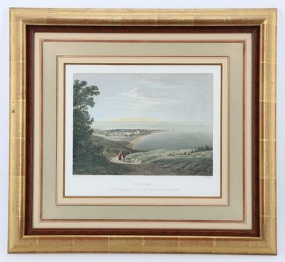 un tableau représentant un paysage avec une rivière au loin