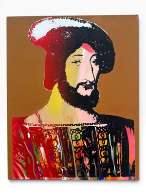 an image of a painting of a man with a beard and a red hat