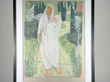 painting of a woman in a white robe holding a cane in a garden