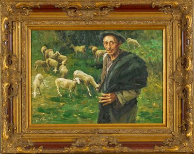 tableau représentant un homme tenant un bâton devant un troupeau de moutons