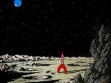 une image représentant une station spatiale sur la Lune, dans un style bande dessinée, avec une fusée en arrière-plan
