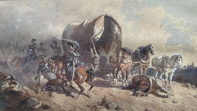 a painting of a group of men on horses pulling a covered wagon