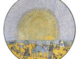 an image of a plate with a painting of people and animals on it