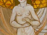 une peinture à l'huile représentant une femme tenant un bébé dans ses bras