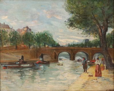 a painting of a river scene with boats on the water