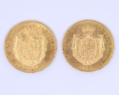 two gold sovereigns, one of which has a coat of arms and the other of which is a shield