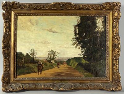 an image of a painting of a man riding a horse down a dirt road