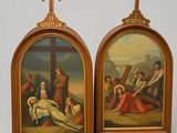 two paintings of jesus laying on the cross in front of a group of people