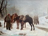 tableau représentant un groupe de chevaux dans un paysage enneigé, avec un homme debout à leurs côtés
