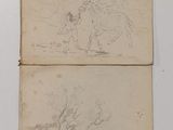 an old book with a drawing of a man on a bench in a field