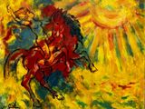 painting of a man riding a horse in a field with a sun in the background