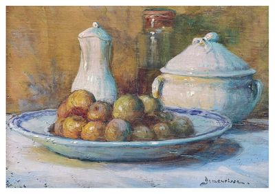 a painting of a bowl of apples and a pitcher on a table