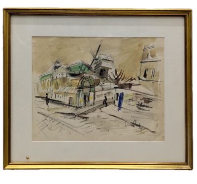 a drawing of a building with a clock tower in the background