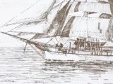 drawing of a sailboat in the water with a sky in the background