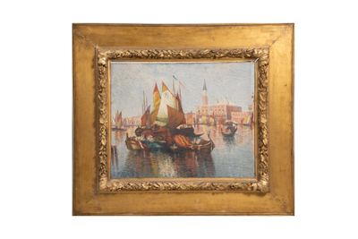 une peinture à l'huile représentant des bateaux dans un port avec des bâtiments à l'arrière-plan