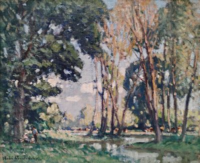 une peinture à l'huile représentant des arbres et de l'eau dans un espace verdoyant