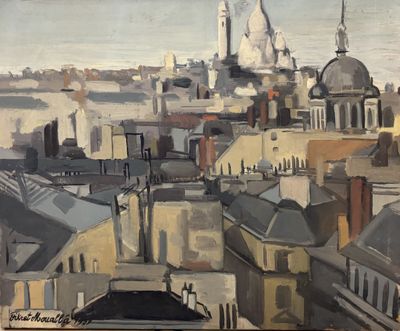 a painting of a view of a city from the top of a building