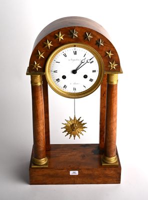 une horloge posée sur un support en bois