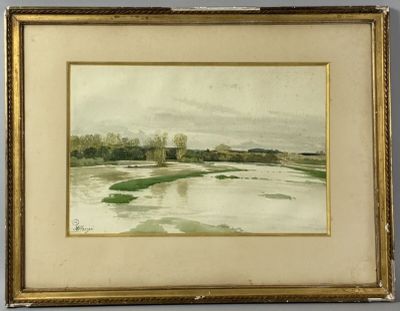 an image of a painting of a river with a bridge in the background