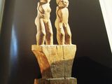 a book with a picture of two people on a tree stump