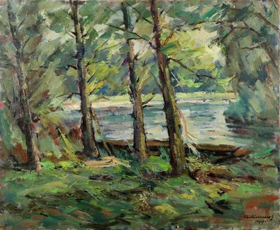une peinture à l'huile représentant des arbres près d'un plan d'eau