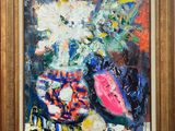 an oil painting of a vase of flowers and fruit on a table