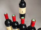 six bottles of red wine lined up in a row on a table