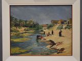 painting of people on the beach by a river in a white frame