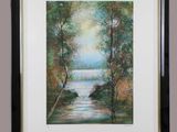 painting of a river with trees and water in the foreground
