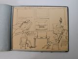 an open book with a drawing of a man and a woman in a kitchen