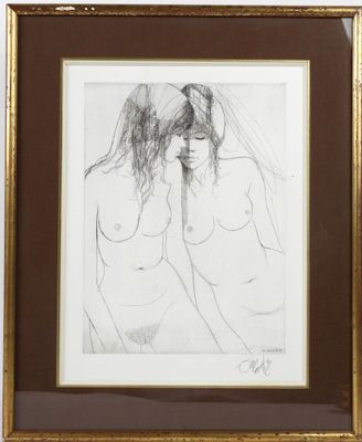 painting of two nudes in a gold frame on a white wall