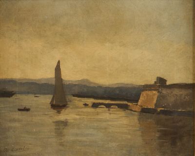 l'image d'une peinture représentant un bateau dans un plan d'eau