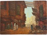 peinture d'une scène de rue avec des personnes marchant dans la rue