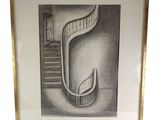 dessin en noir et blanc, encadré, représentant un escalier menant à une porte