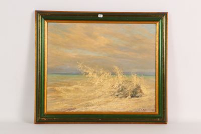 une peinture à l'huile représentant une scène de plage où les vagues viennent se briser contre un mur blanc