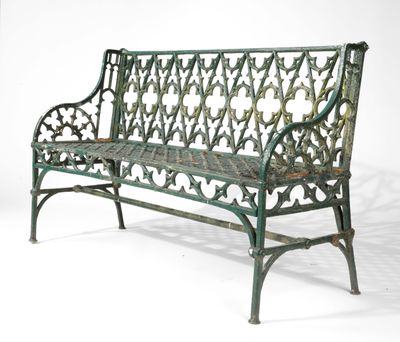 an image of a green bench sitting on top of a white floor