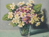 a painting of flowers in a glass vase on a table