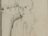 drawing of a woman sitting at a table with a bottle in her hand