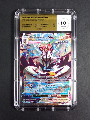 a close up of a pokemon card in a plastic case