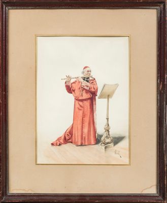 un tableau représentant un homme vêtu d'une robe rouge jouant de la flûte