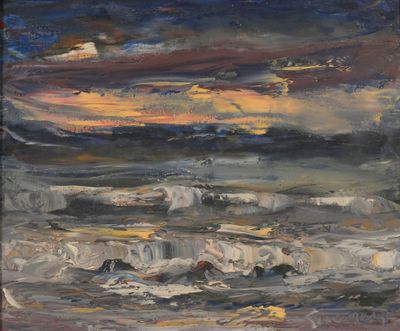 une peinture à l'huile représentant un coucher de soleil sur une étendue d'eau