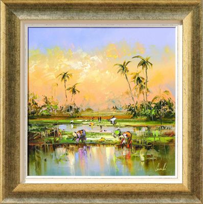 a painting of people working in a rice field with palm trees