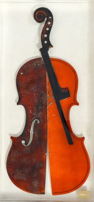 a picture of a violin on display in a glass case