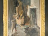 an oil painting of a cat sitting on a table next to a chair