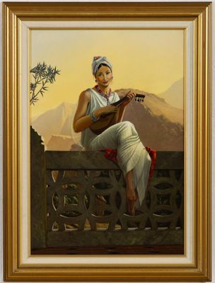an oil painting of a woman sitting on a ledge playing a guitar