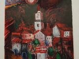 painting of a village with a clock on the top of a hill