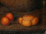 painting of a still life of oranges and a piece of bread on a table