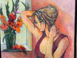 painting of a woman looking out a window with flowers in a vase