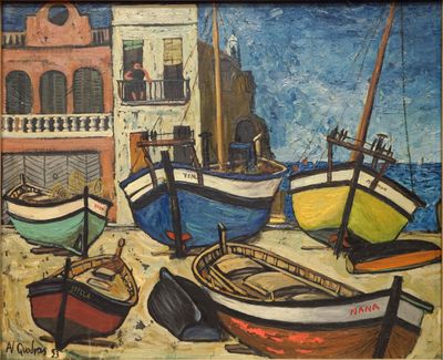 Alejo VIDAL QUADRAS (1919-1994) Port aux barques échouées. Huile sur t - Photo 1