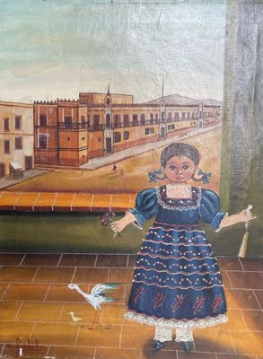 painting of a little girl in a blue dress holding a broom